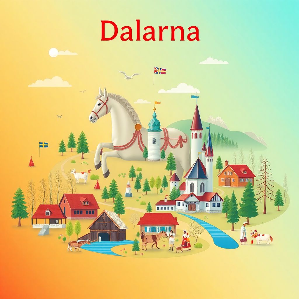 Ultra-high-definition gradient illustration of Dalarna County, Dalarna, Sweden, featuring the Dala Horse, the Falun Copper Mine, and traditional Midsummer celebration.