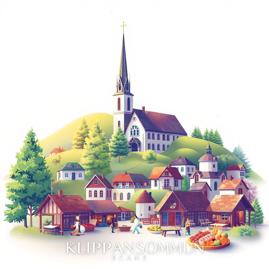 Ultra-high-definition gradient illustration style Klippans Kommun illustration, featuring Klippan Church and smorgasbord.