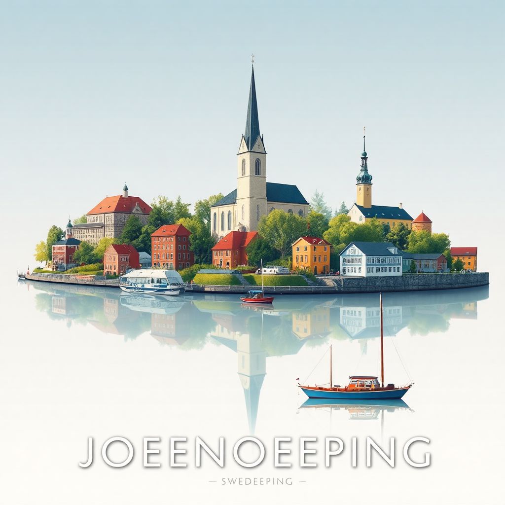 Ultra-high-definition gradient illustration of Joenkoeping, Sweden, highlighting the Sofia Church, Match Museum, and Lake Vättern.