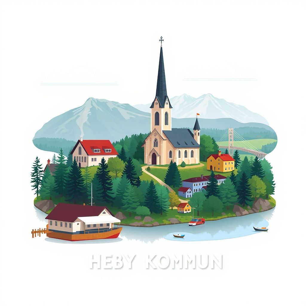 Ultra-high-definition gradient illustration style Heby kommun illustration, showing the unique charm of Fjärdhundra church, Färnebofjärden National Park, and Kroppkakor.