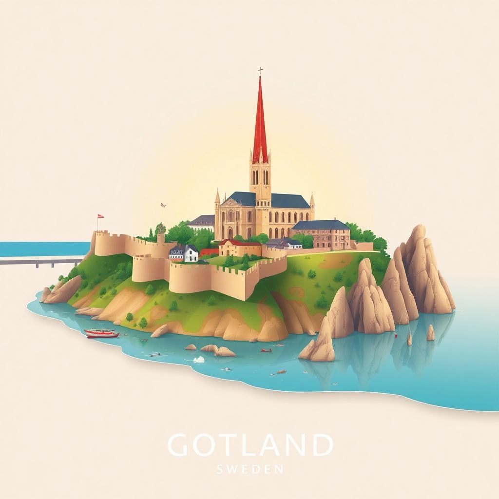 Ultra-high-definition gradient illustration of Gotland County, showing the Visby City Wall, St. Mary's Cathedral, and Raukar formations.