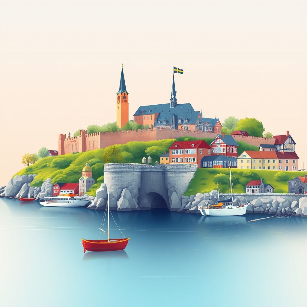 Ultra-high-definition gradient illustration of Gotland, Sweden, featuring the Visby City Wall, Gotland Museum, coastline, and Safran Pancake.