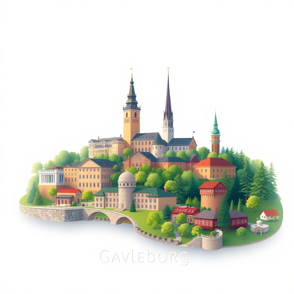 Ultra-high-definition gradient illustration style Gaevleborg County illustration, showing the unique charm of the Old Castle, Gaevleborg County Museum, and Boulognerskogen Nature Reserve.