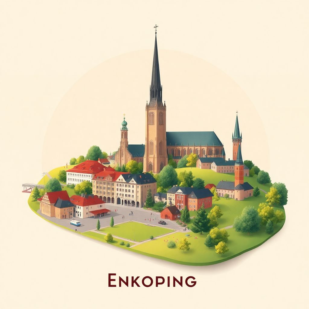 Ultra-high-definition gradient illustration style Enkoepings Kommun illustration, showing the unique charm of the Enköping Cathedral, the old town square, and the countryside.
