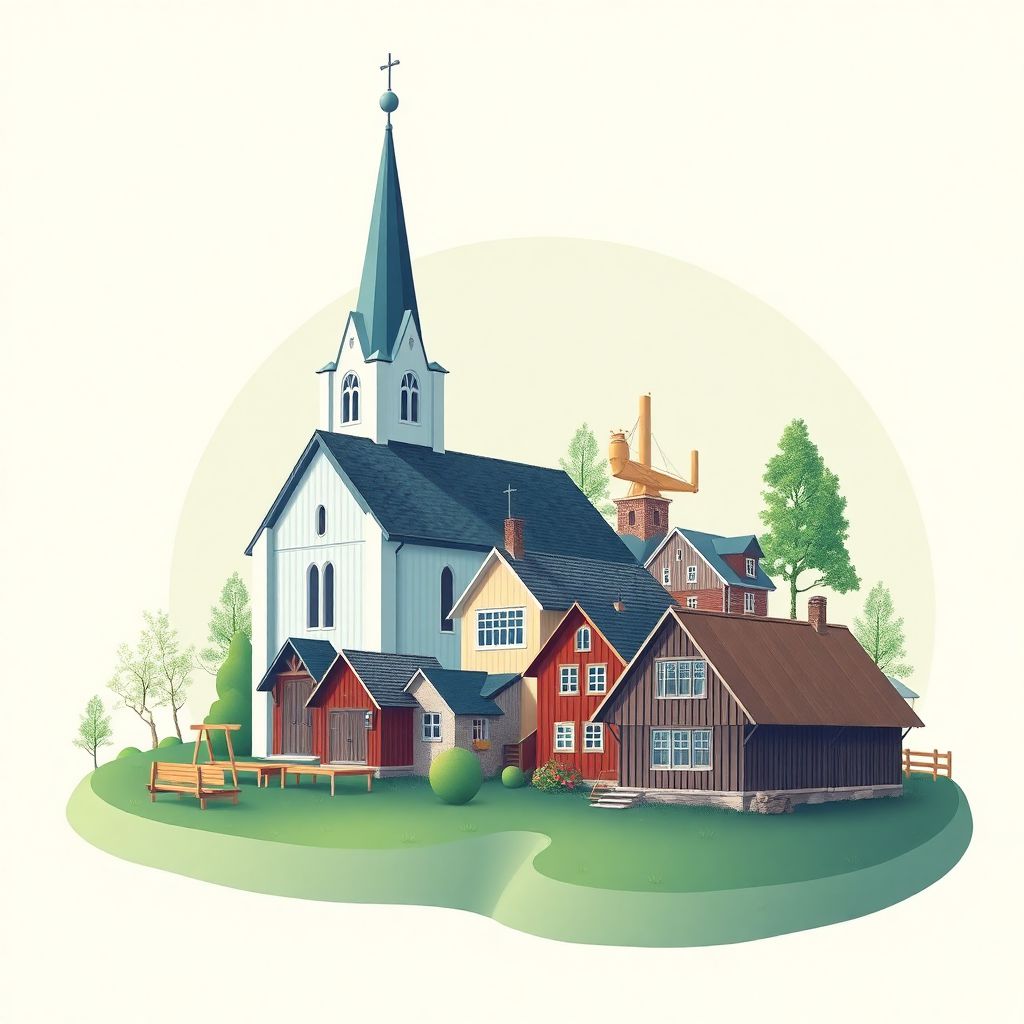 Ultra-high-definition gradient illustration style Eksjo Kommun illustration, showing the unique charm of Eksjo Church and historic wooden houses.