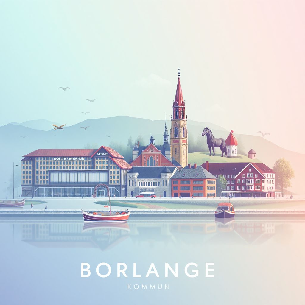 Ultra-high-definition gradient illustration of Borlaenge Kommun, featuring Kupolen Shopping Center, Jussi Björling Museum, and Lake Runn.