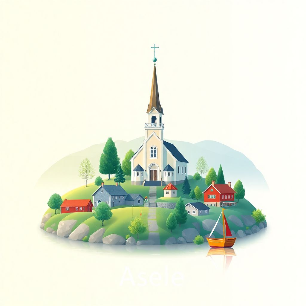Ultra-high-definition gradient illustration of Åsele, Sweden, featuring the Åsele Church, Åsele River, and traditional architecture.