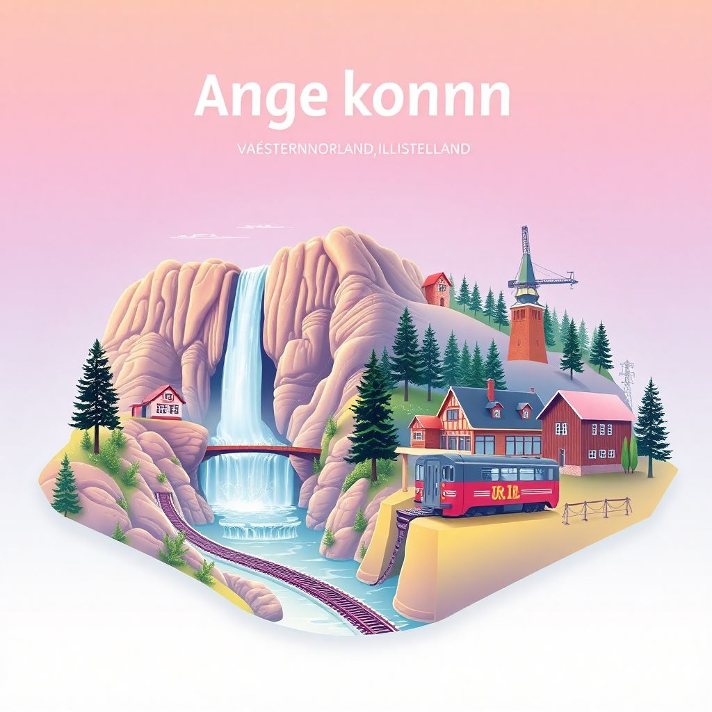 Ultra-high-definition gradient illustration of Ange kommun, featuring Döda Fallet waterfall and Inlandsbanan railway.