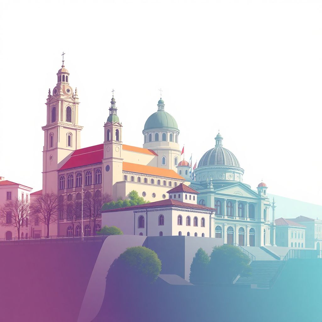 Ultra-high-definition gradient illustration style Viseu illustration, showing the unique charm of the Viseu Cathedral and the Grão Vasco National Museum.