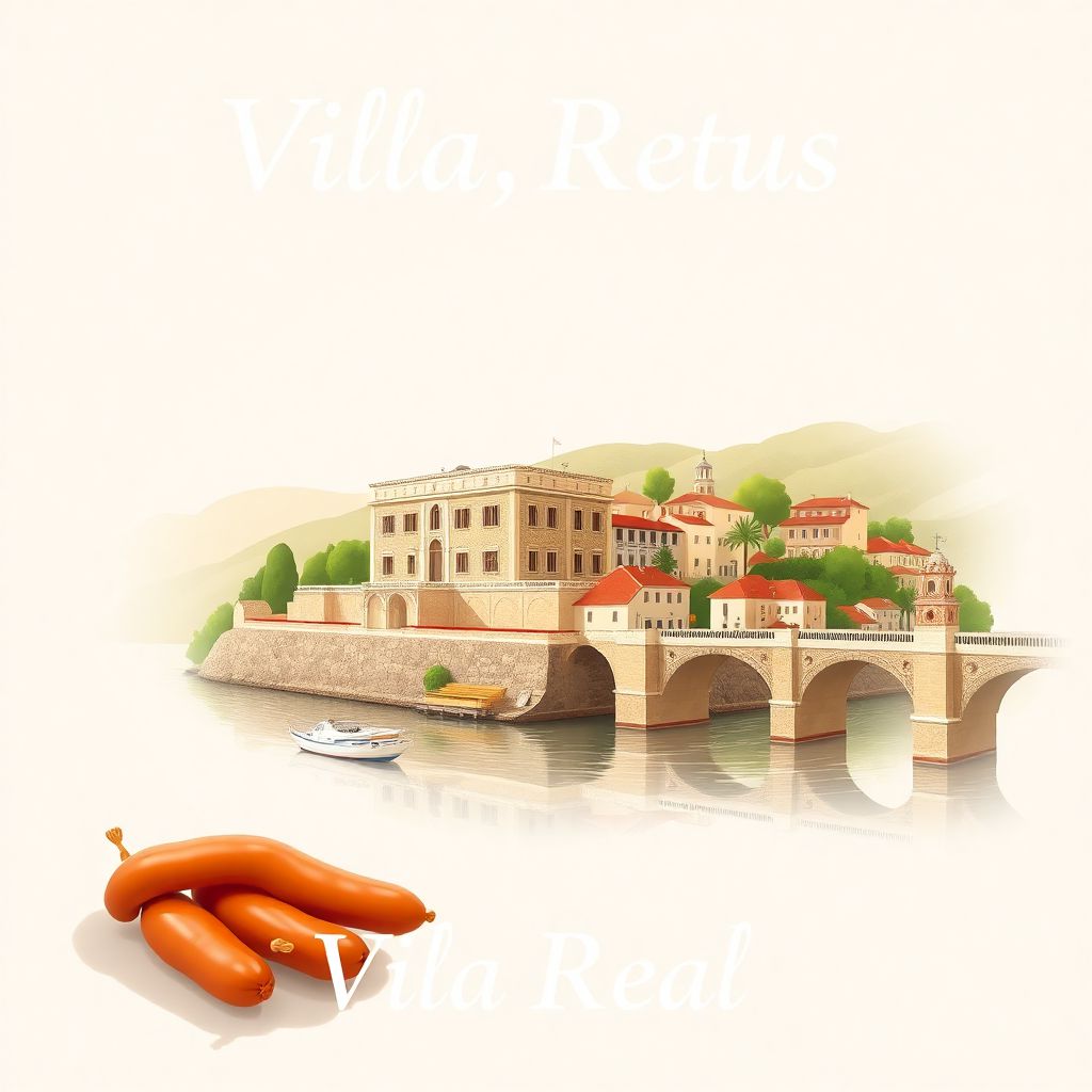 Ultra-high-definition gradient illustration of Vila Real, Portugal, featuring Casa de Mateus, Douro River, and alheira sausages.