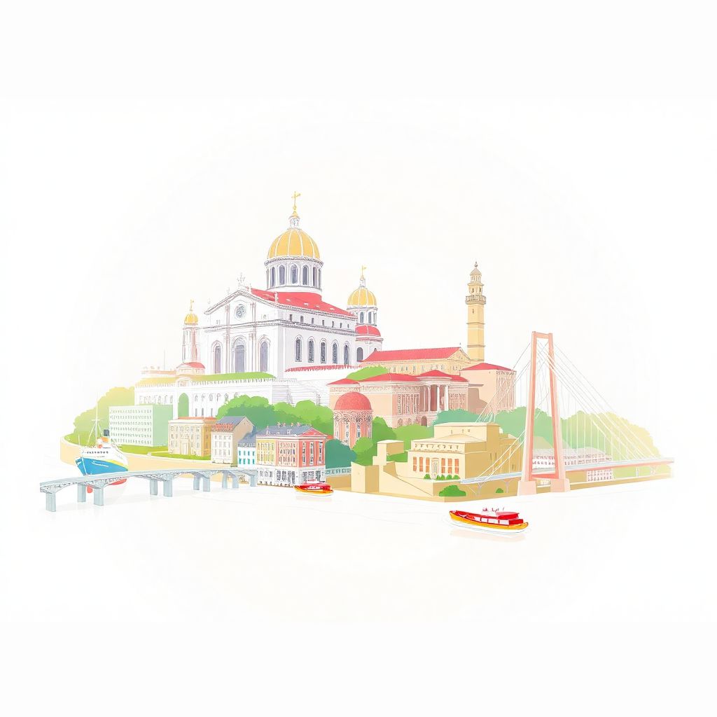Ultra-high-definition gradient illustration of Viana do Castelo, Portugal, featuring the Basilica of Santa Luzia, the Gil Eannes Hospital Ship, and the Eiffel Bridge.