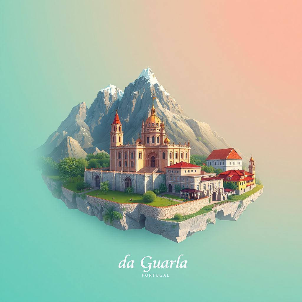 Ultra-high-definition gradient illustration style of Distrito da Guarda, showing Serra da Estrela, Guarda Cathedral, and Queijo Serra da Estrela.