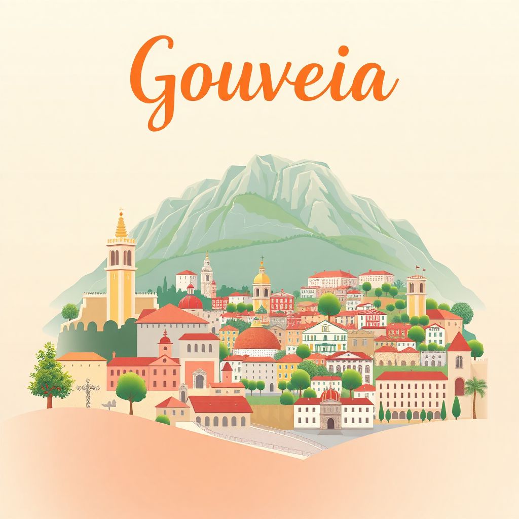 Ultra-high-definition gradient illustration style Gouveia illustration, showing the unique charm of the Serra da Estrela Natural Park, the historic town center, and Pastel de Nata.