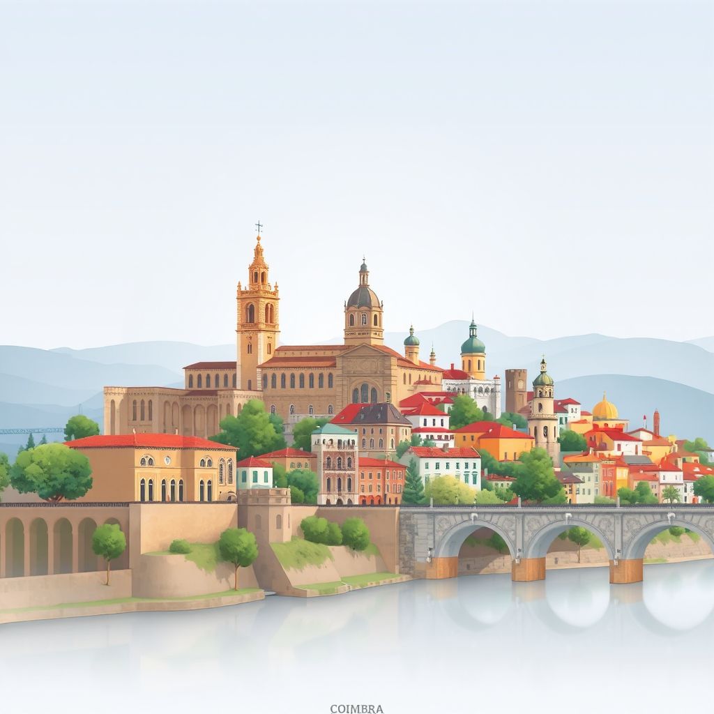 Ultra-high-definition gradient illustration of Coimbra, Portugal, featuring the University of Coimbra, the Monastery of Santa Clara-a-Velha, and the Mondego River.