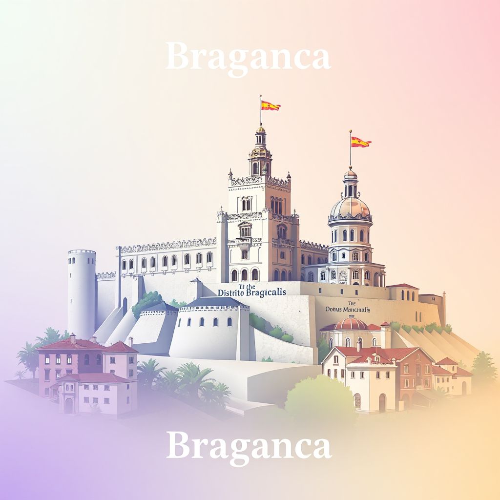 Ultra-high-definition gradient illustration style Braganca illustration, showing the unique charm of the Braganca Castle and the Domus Municipalis.