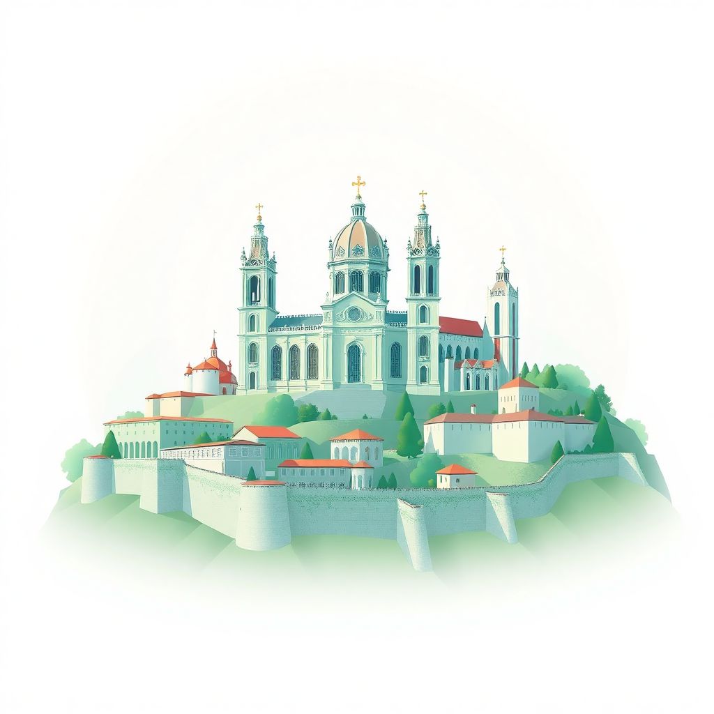 Ultra-high-definition gradient illustration style Braga illustration, showing the unique charm of the Braga Cathedral, Bom Jesus do Monte, and historic city walls.