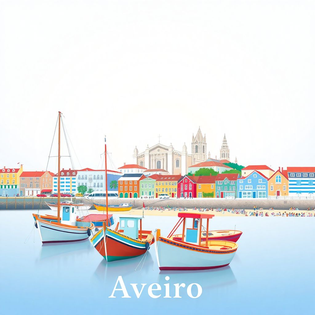 Ultra-high-definition gradient illustration of Aveiro, Portugal, featuring 'Moliceiros' boats, Aveiro Cathedral, and Costa Nova beach.