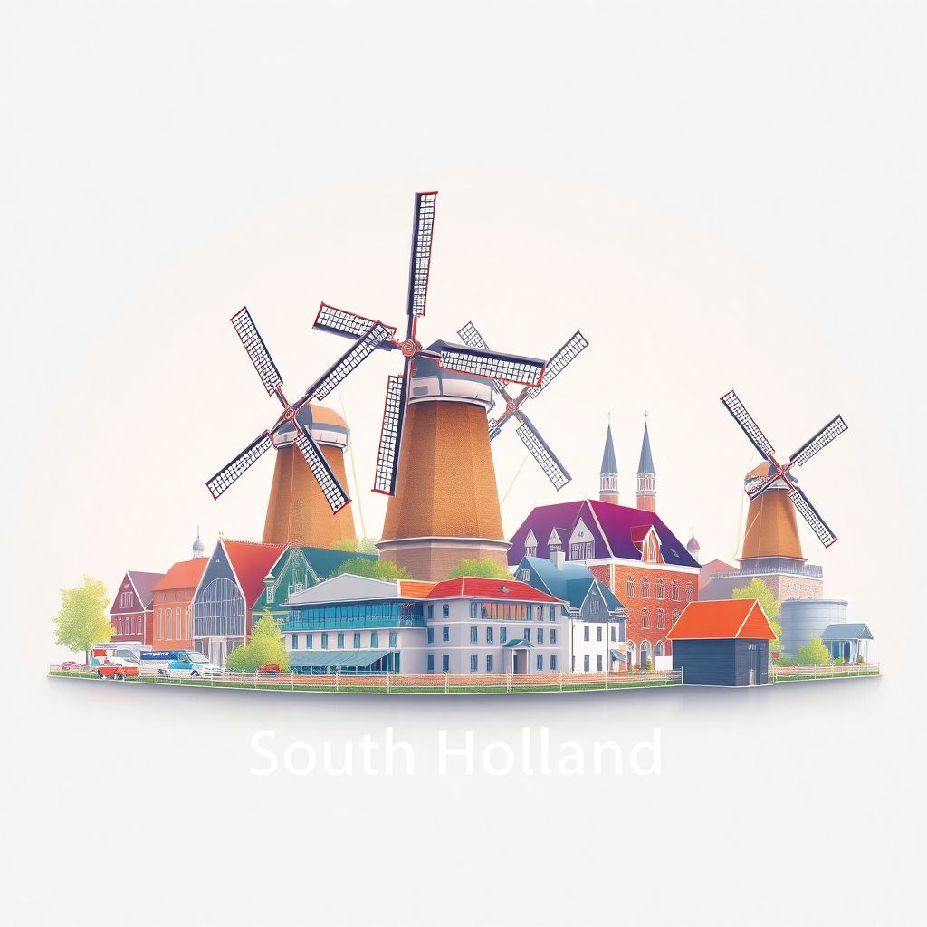 Ultra-high-definition gradient illustration style South Holland artwork, featuring the Binnenhof and Kinderdijk windmills.