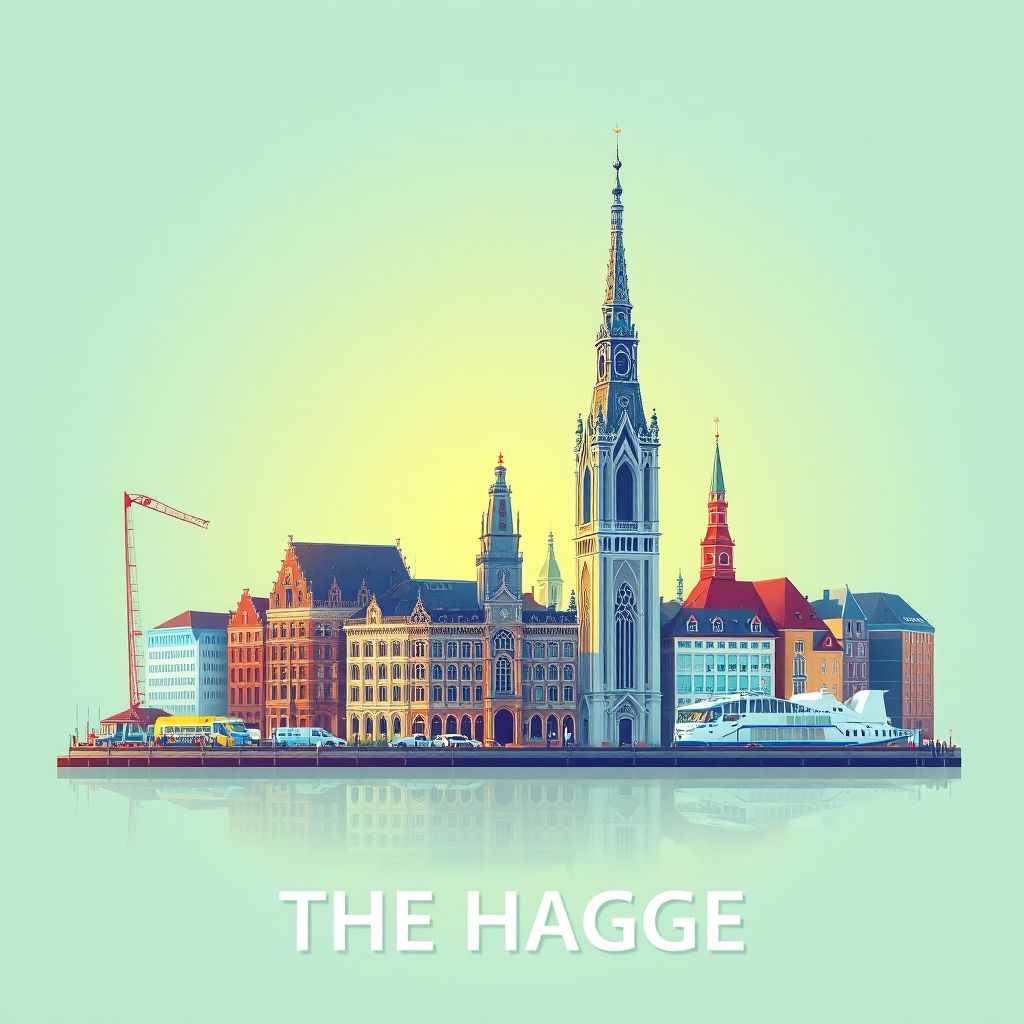 Ultra-high-definition gradient illustration of The Hague, featuring the Peace Palace, Scheveningen Pier, and the Binnenhof.