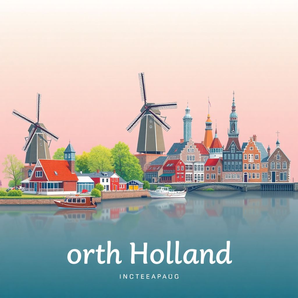 Ultra-high-definition gradient illustration style North Holland illustration, showing the unique charm of the Zaanse Schans windmills, the historic town of Edam, and the canals of Alkmaar.