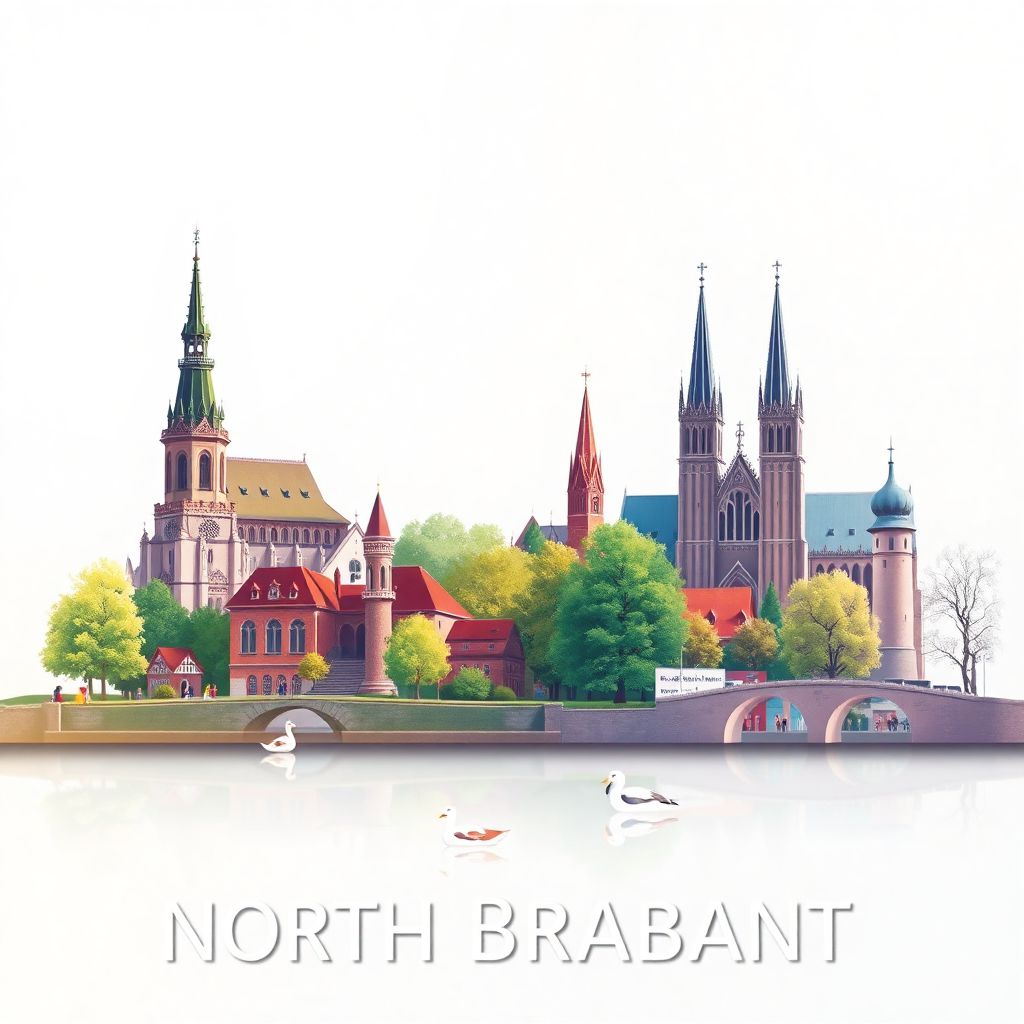Ultra-high-definition gradient illustration of North Brabant, The Netherlands, featuring Efteling theme park, St. John's Cathedral, and Biesbosch National Park.