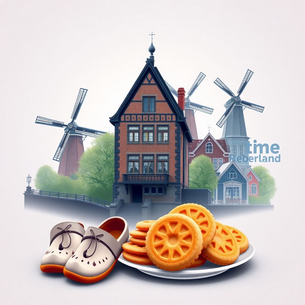 Ultra-high-definition gradient illustration style Dutch illustration, showing the Anne Frank House and windmills