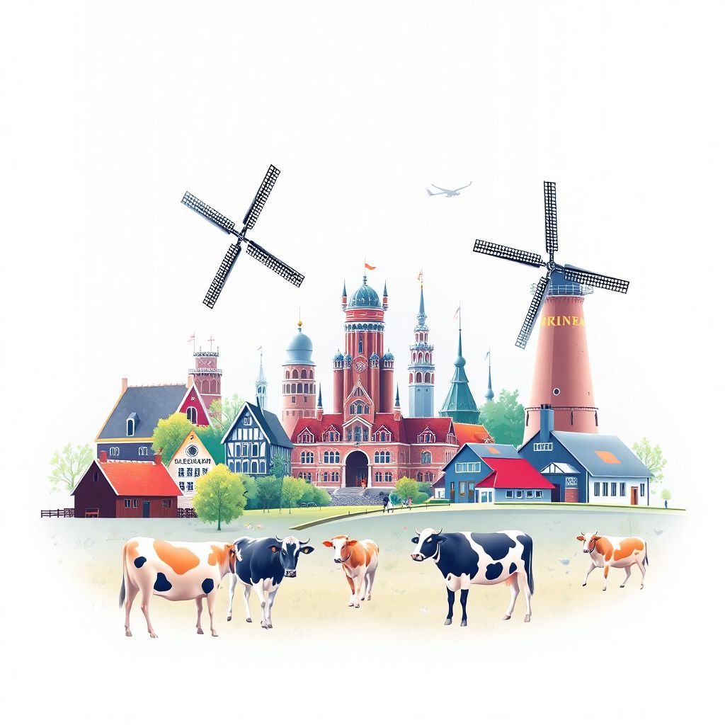 Ultra-high-definition gradient illustration style Friesland illustration, showing the unique charm of the Woudagemaal, the Eisinga Planetarium, and traditional Friesian cows.