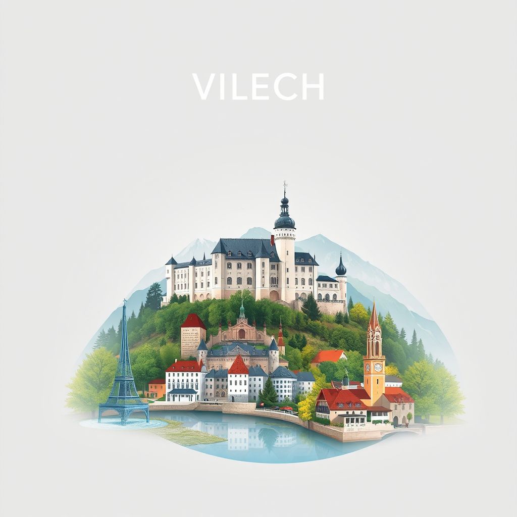 Ultra-high-definition gradient illustration of Politischer Bezirk Villach Land, Carinthia, Austria, featuring Landskron Castle, Lake Ossiach, and the town of Villach.
