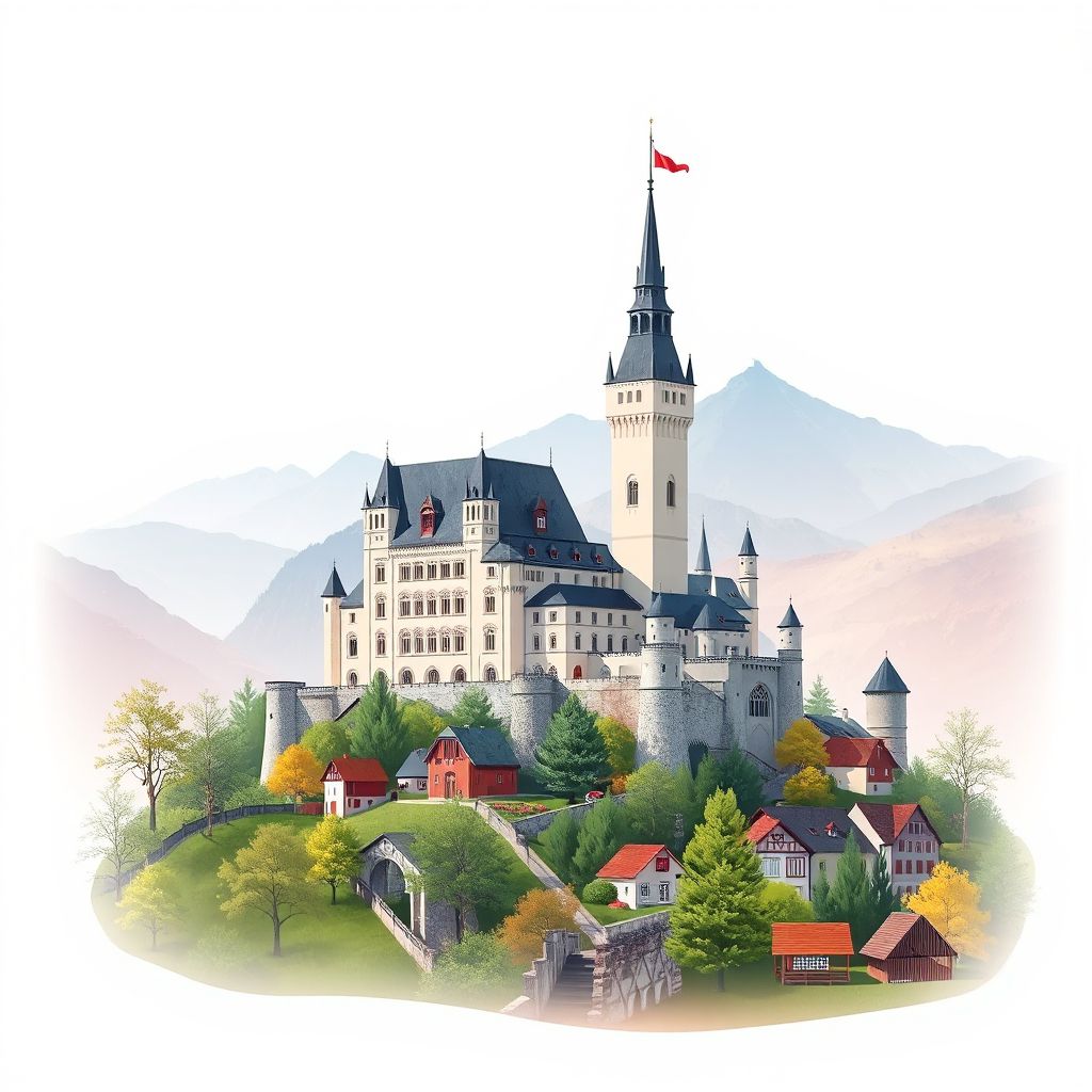 Ultra-high-definition gradient illustration of Politischer Bezirk Scheibbs, Lower Austria, featuring Scheibbs Castle, Mostviertel landscapes, and Mohnzelten pastry.