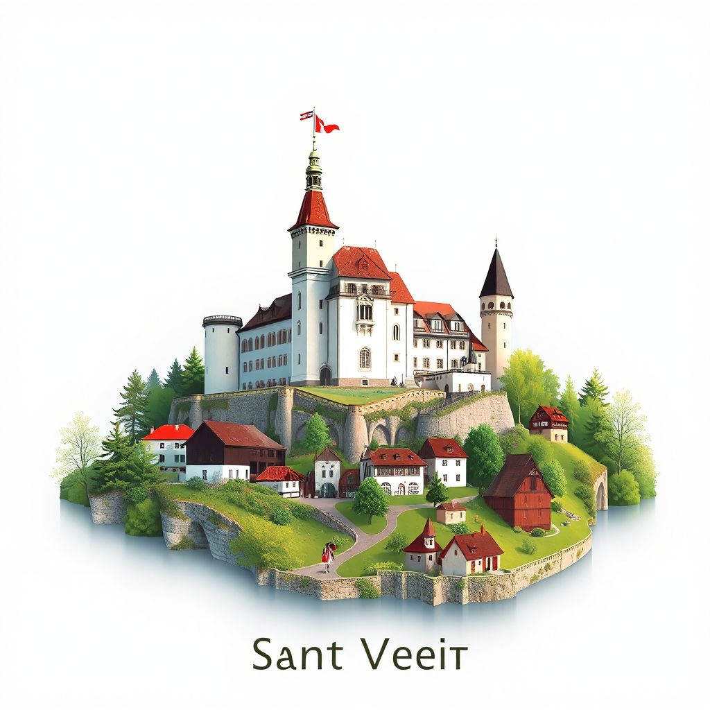 Ultra-high-definition gradient illustration of Politischer Bezirk Sankt Veit an der Glan, featuring Hochosterwitz Castle and traditional Carinthian costume.