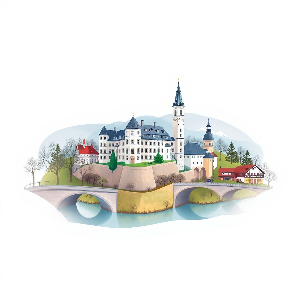 Ultra-high-definition gradient illustration style Politischer Bezirk Ried im Innkreis illustration, featuring Schloss Zell an der Pram castle and the Inn River.