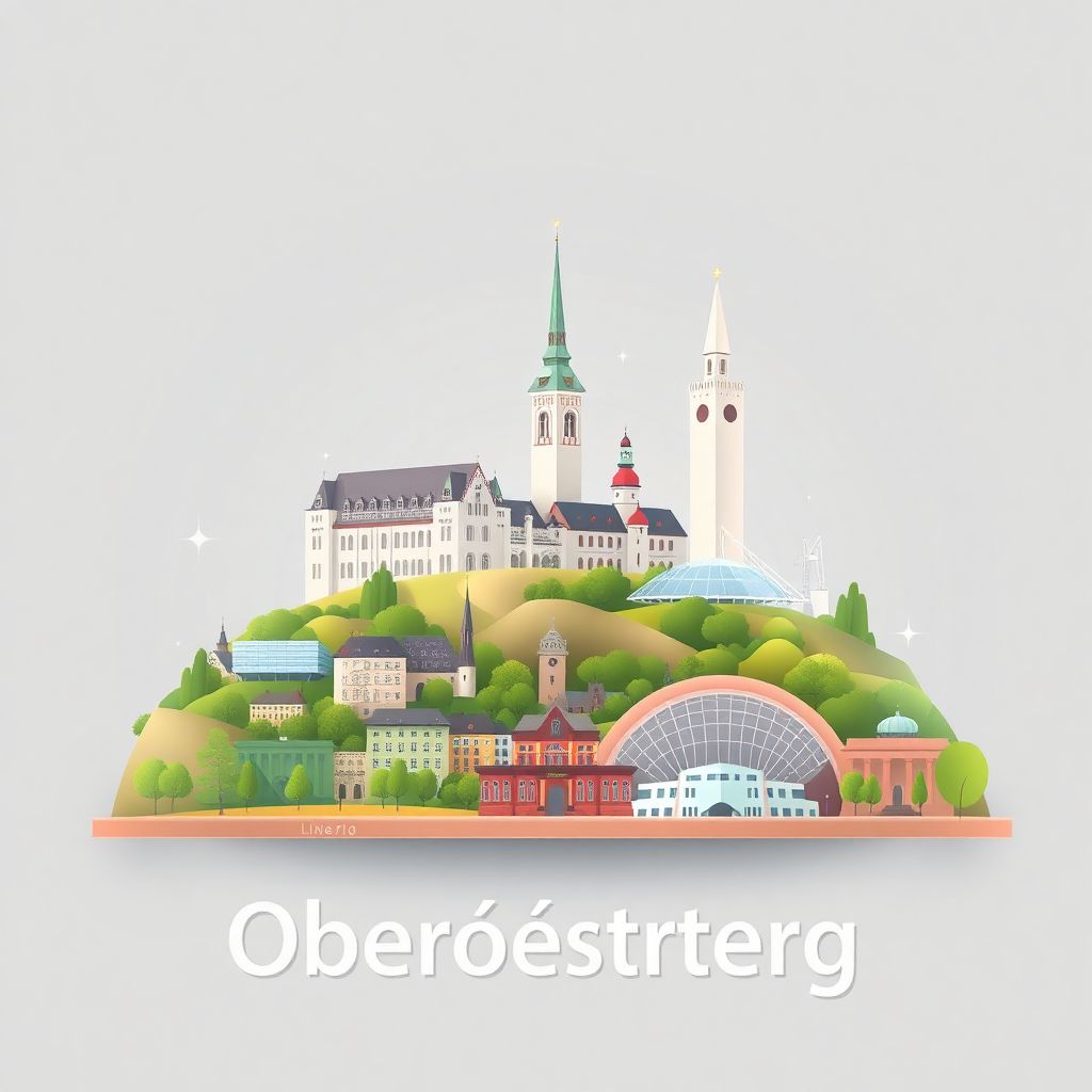 Ultra-high-definition gradient illustration style Oberoesterreich illustration, featuring Linz Castle and the Ars Electronica Center.