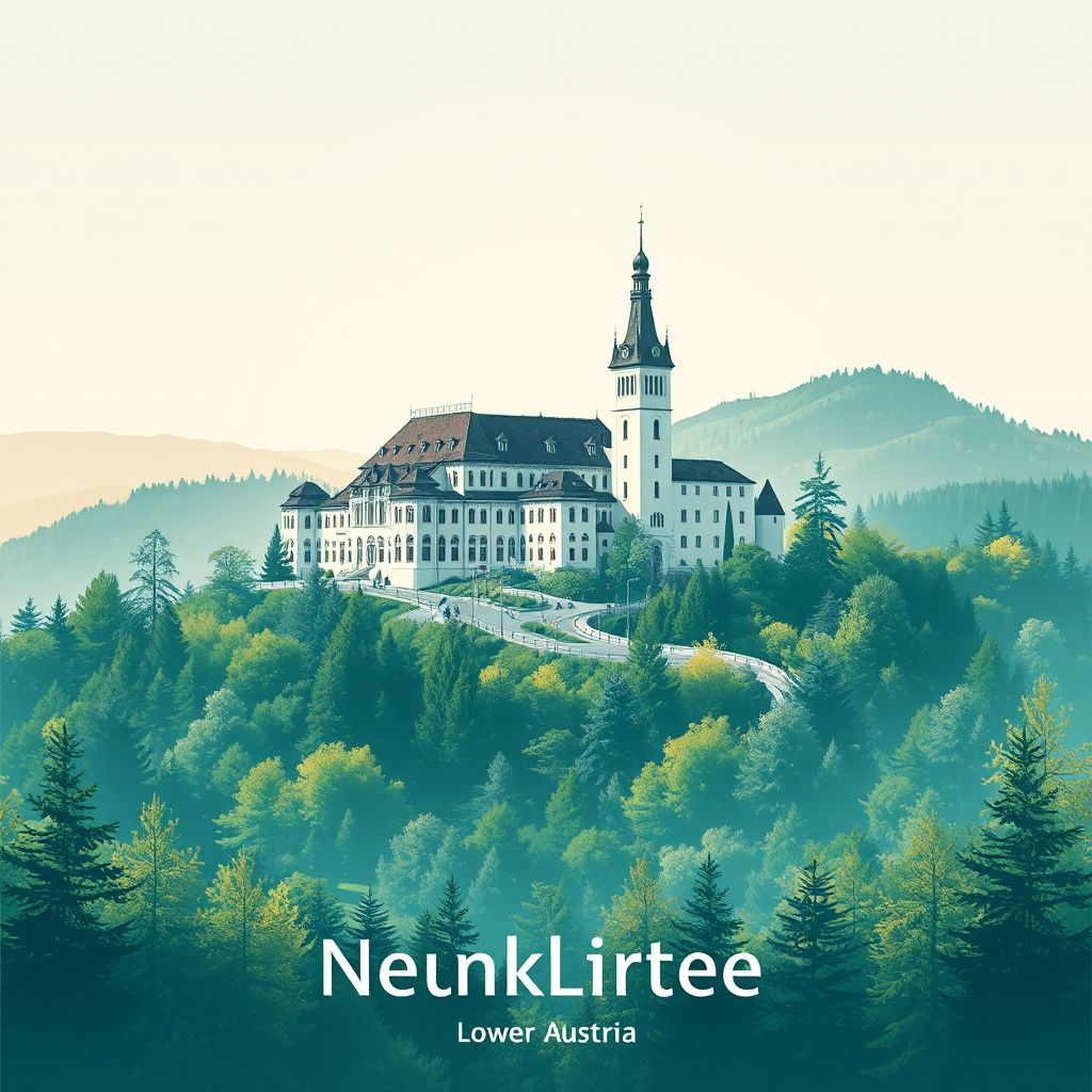 Ultra-high-definition gradient illustration of Politischer Bezirk Neunkirchen, featuring Schloss Seebenstein and picturesque landscapes.