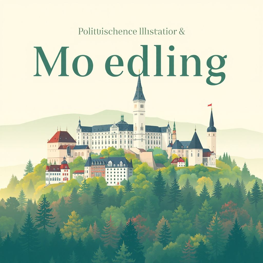 Ultra-high-definition gradient illustration style Politischer Bezirk Moedling, Lower Austria, showing the unique charm of Mödling Castle and the Wienerwald forest.