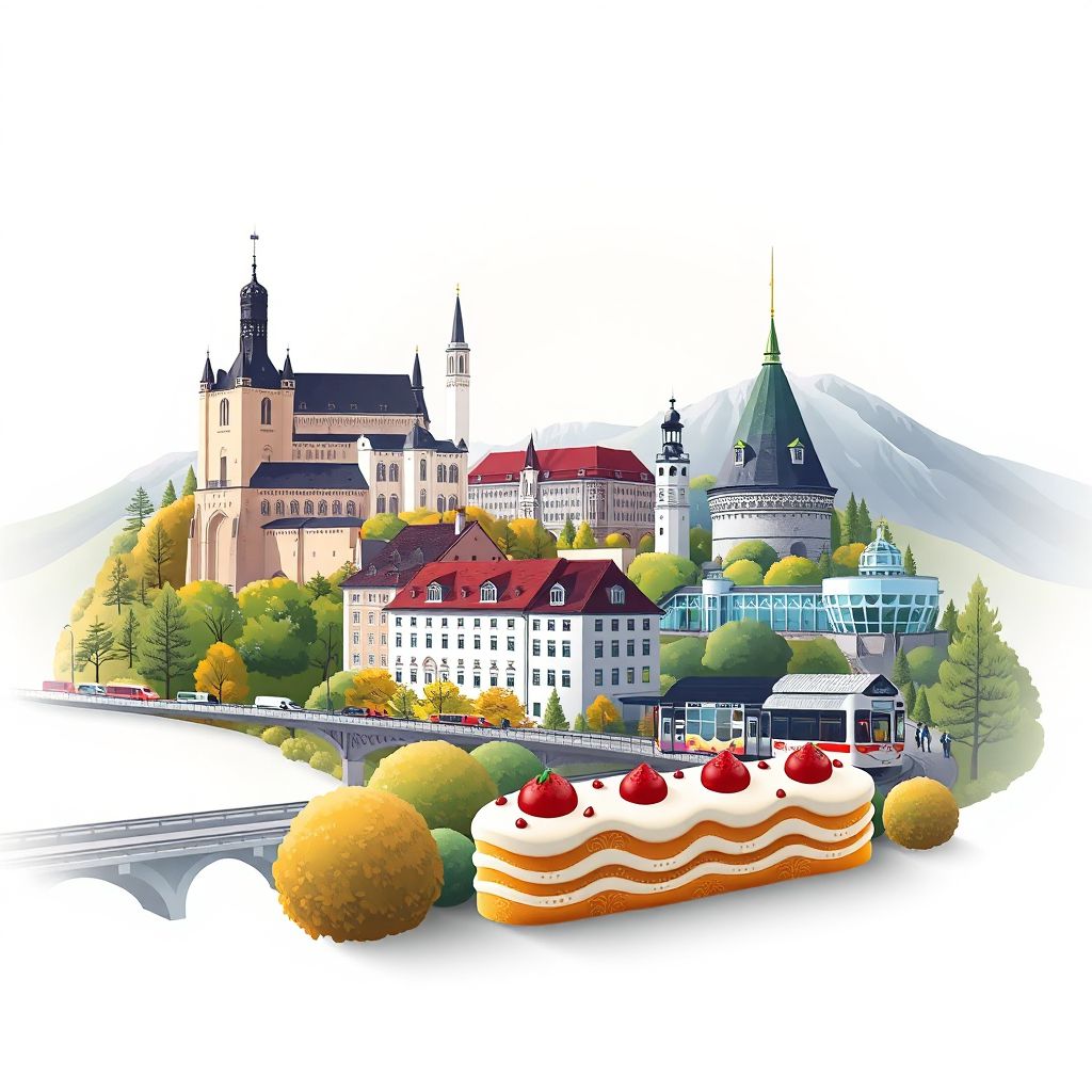 Ultra-high-definition gradient illustration of Politischer Bezirk Linz-Land, featuring Linz Castle, Ars Electronica Center, Pöstlingbergbahn, and Linzer Torte.
