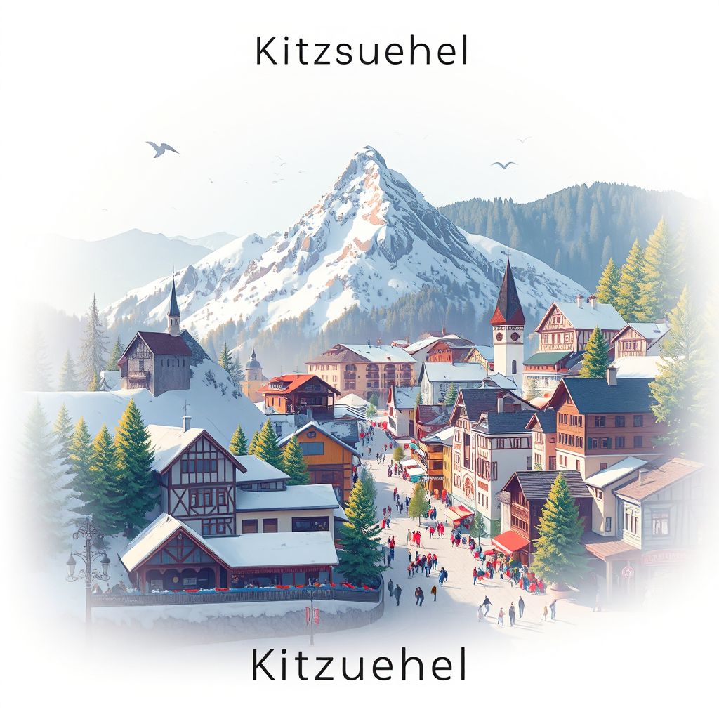 Ultra-high-definition gradient illustration of Kitzbuehel, Tyrol, Austria, featuring the Kitzbuehel Horn, the Streif ski race, and the town center.