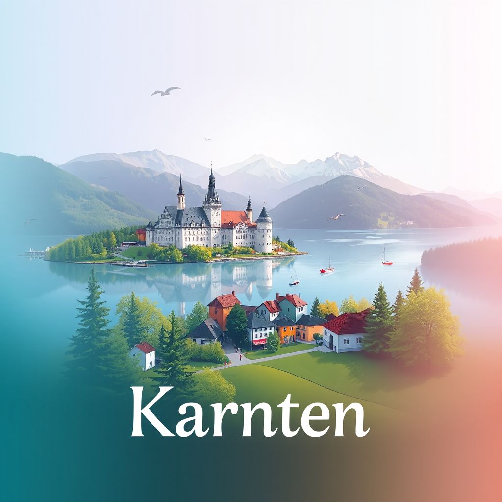 Ultra-high-definition gradient illustration of Kaernten, Carinthia, Austria, featuring Hochosterwitz Castle, Lake Wörthersee, and traditional Carinthian folk costumes.