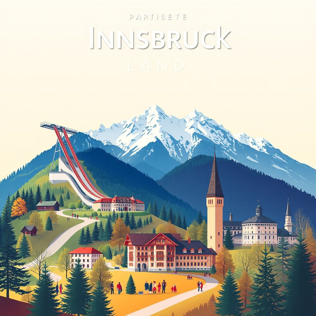 Gradient illustration of Innsbruck Land, Tyrol, Austria, featuring Bergisel Ski Jump, Ambras Castle, and Nordkette mountains.