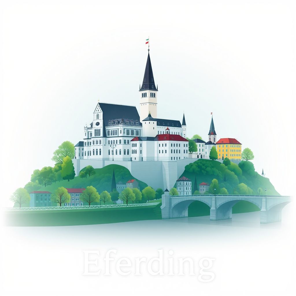 Ultra-high-definition gradient illustration style Politischer Bezirk Eferding illustration, showing the unique charm of the Eferding Castle and the Danube River.