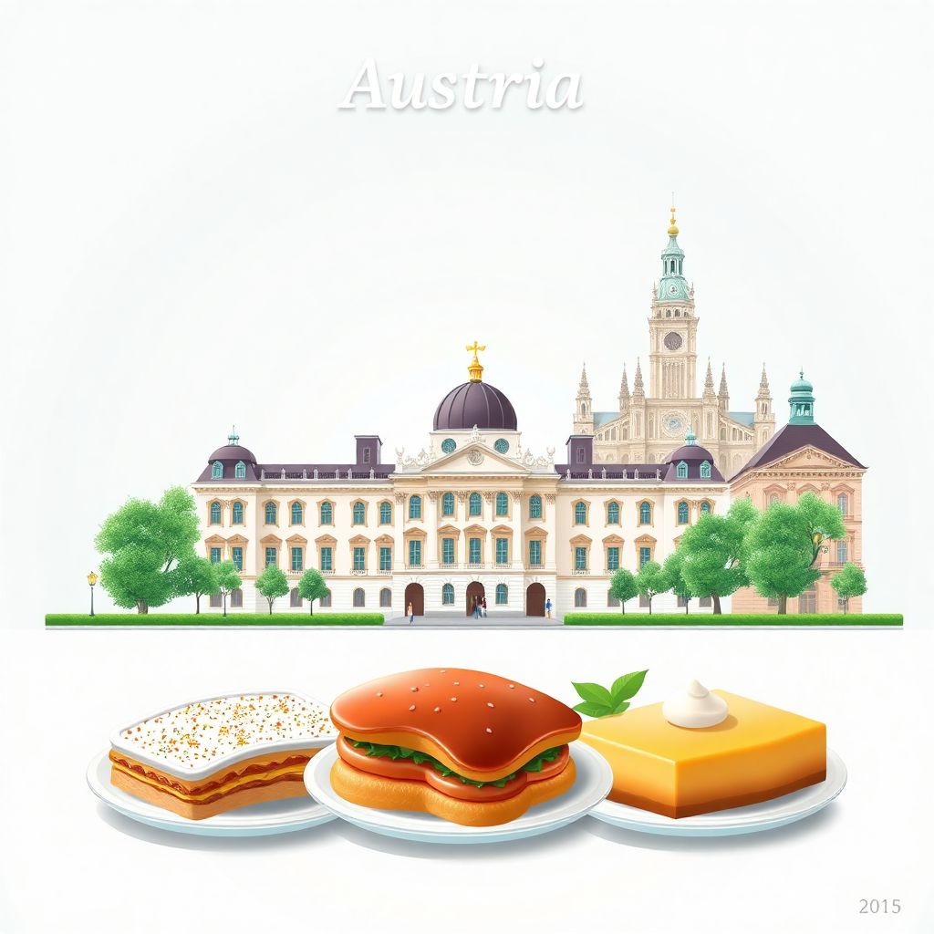 Ultra-high-definition gradient illustration style Austrian illustration, featuring Schönbrunn Palace and traditional dishes