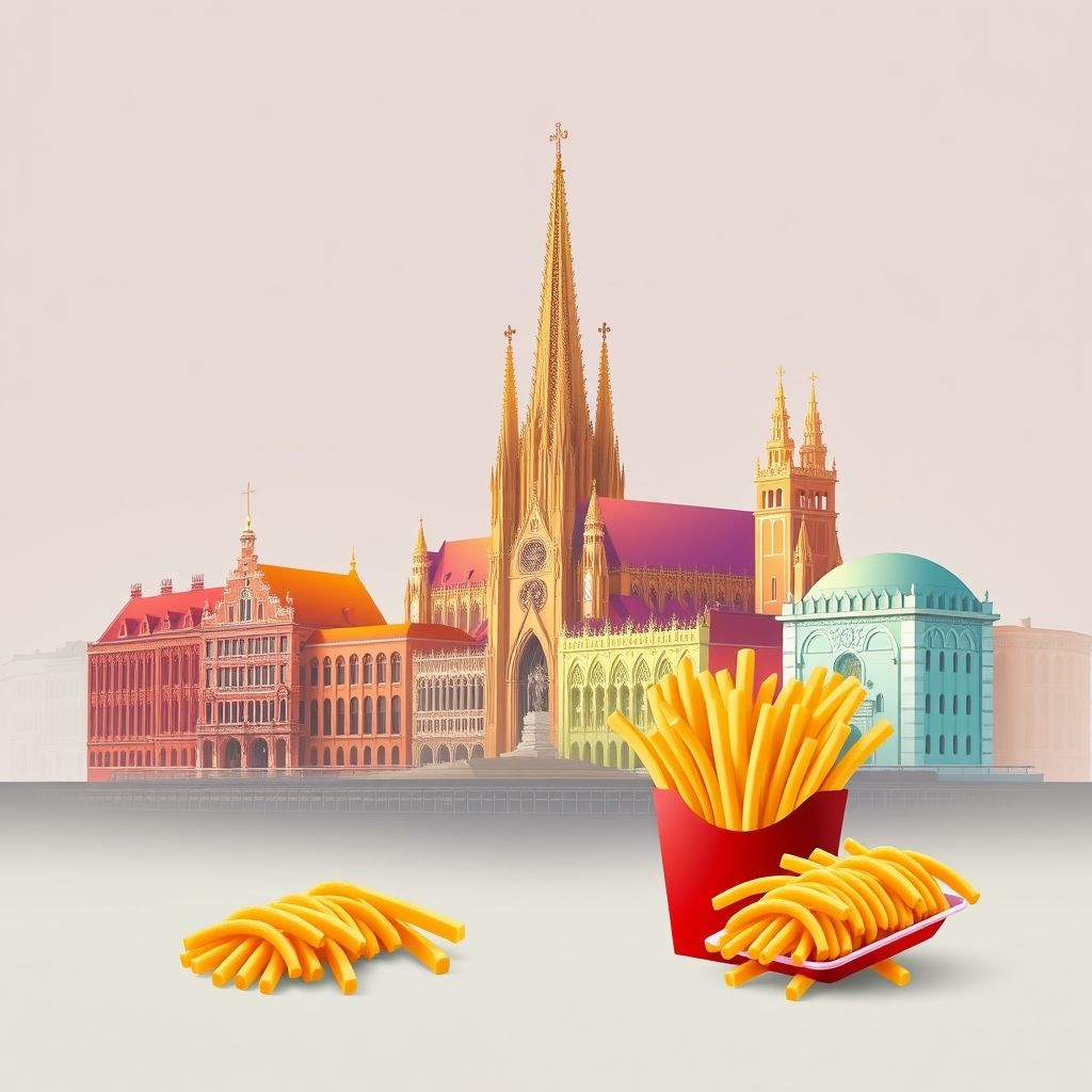 Ultra-high-definition gradient illustration of Antwerp, featuring the Cathedral of Our Lady, Antwerp Central Station, and Belgian waffles and fries.
