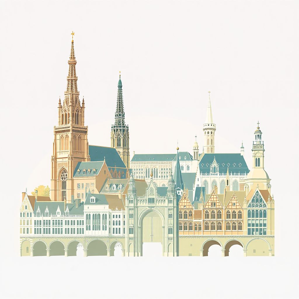 Ultra-high-definition gradient illustration style West Flanders artwork, showing the unique charm of the Belfry of Bruges, the Menin Gate, and the historic city center of Bruges.