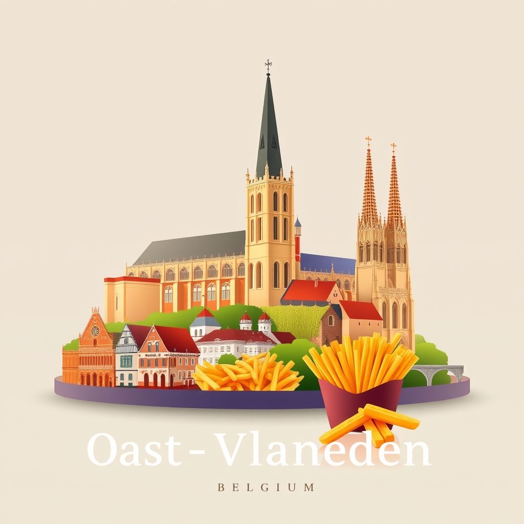 Ultra-high-definition gradient illustration of Oost-Vlaanderen, featuring Gravensteen Castle, St. Bavo's Cathedral, Belgian waffles, and fries.