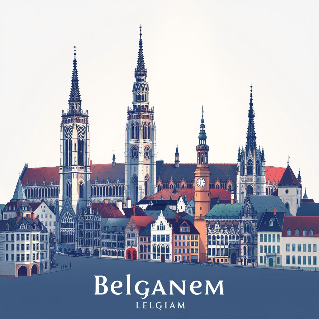 Ultra-high-definition gradient illustration style Provincie Oost-Vlaanderen illustration, showing the Ghent Belfry, Gravensteen Castle, and historic city center.