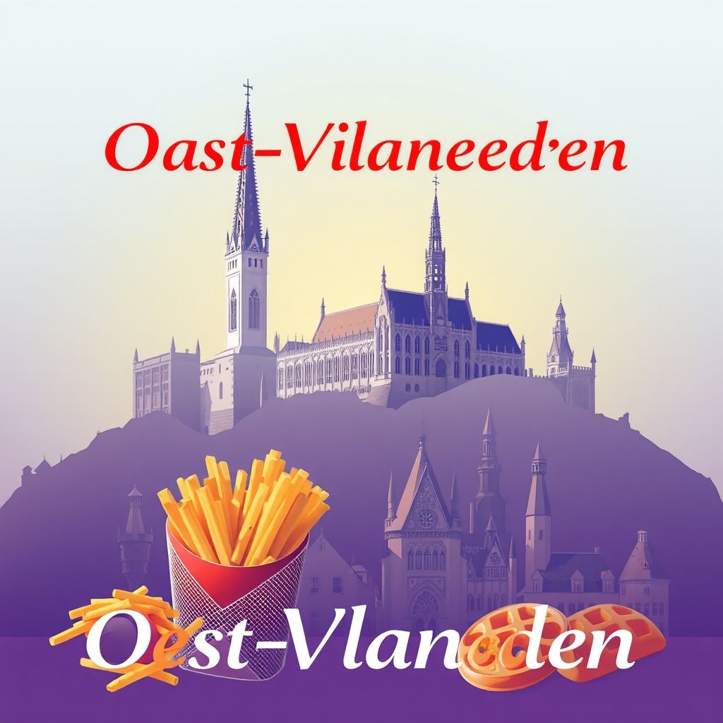 Ultra-high-definition gradient illustration of Oost-Vlaanderen, Flanders, Belgium, featuring Gravensteen Castle, Ghent's historic cityscape, and Belgian fries and waffles.