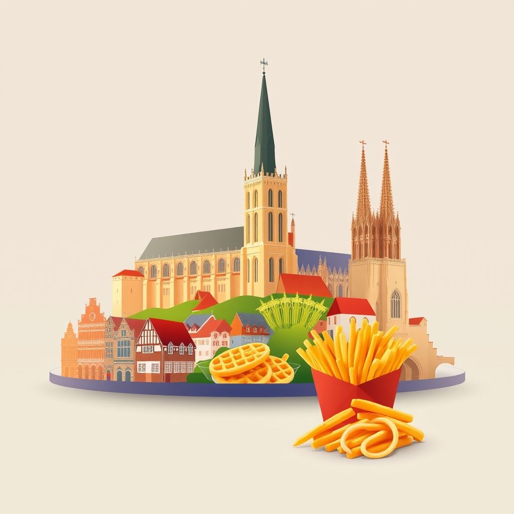 Ultra-high-definition gradient illustration of Oost-Vlaanderen, featuring Gravensteen Castle, St. Bavo's Cathedral, Belgian waffles, and fries.