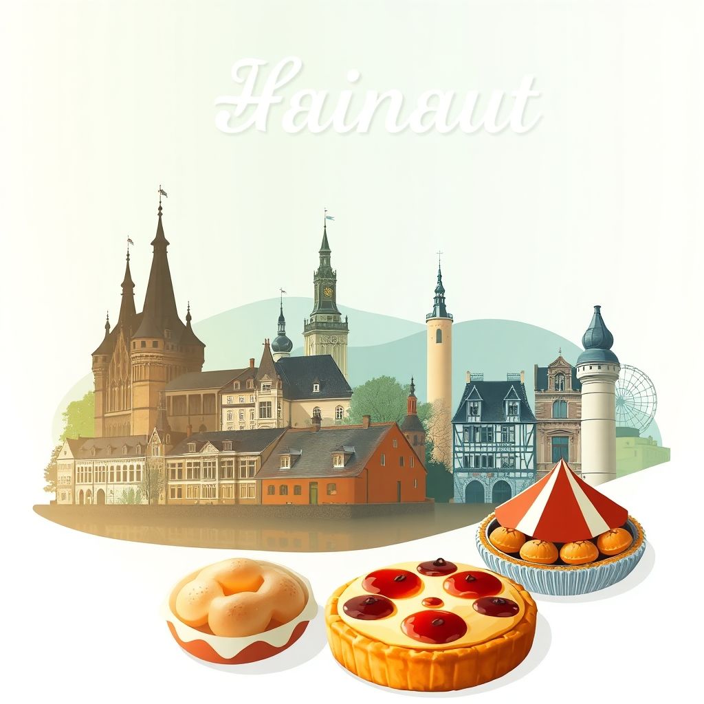 Ultra-high-definition gradient illustration of Province du Hainaut, featuring Grand-Hornu, Binche, and Tarte al Djote, highlighting the region's unique charm.