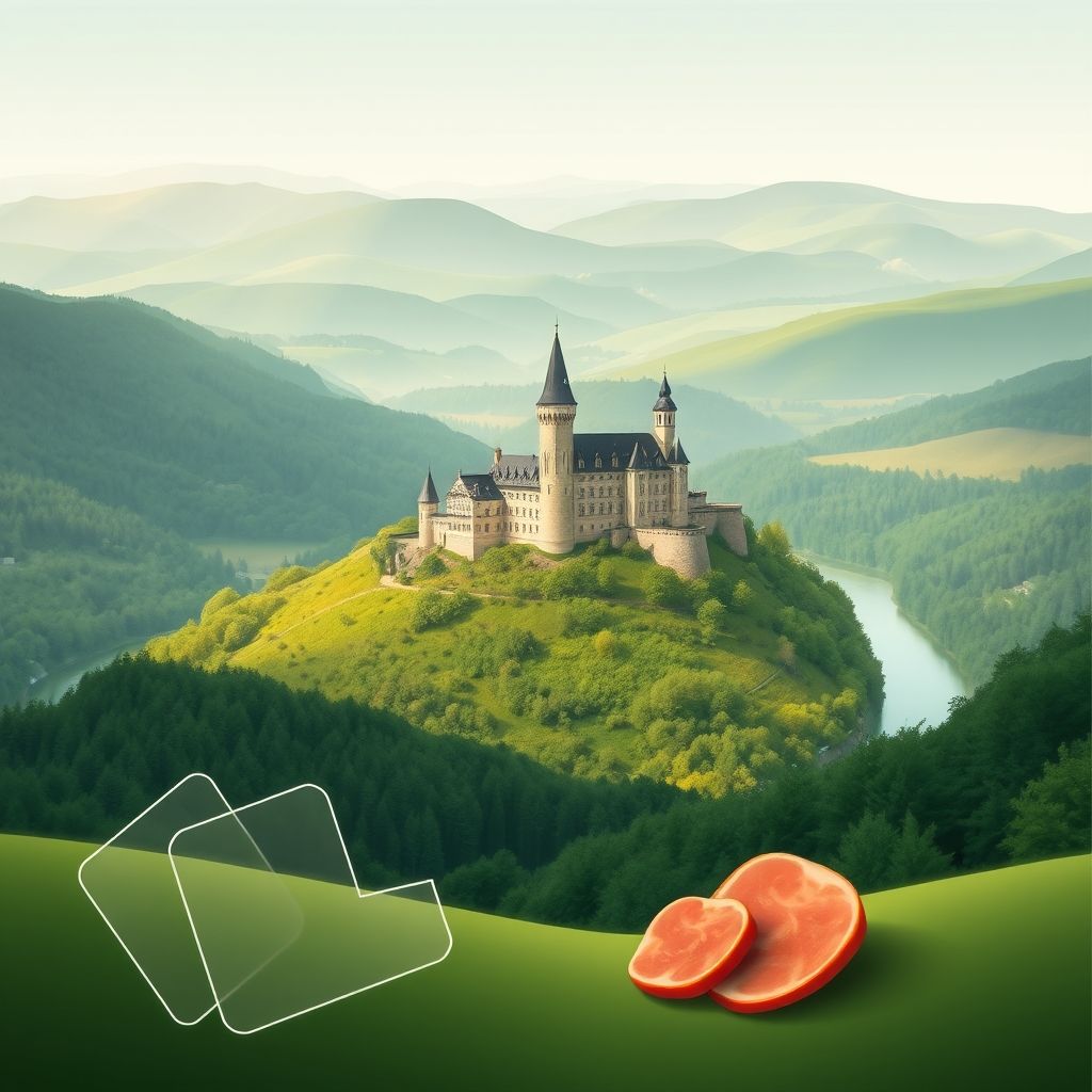 Ultra-high-definition gradient illustration of Province du Luxembourg, Wallonia, Belgium, featuring Bouillon Castle, Ardennes landscapes, and Ardennes ham.