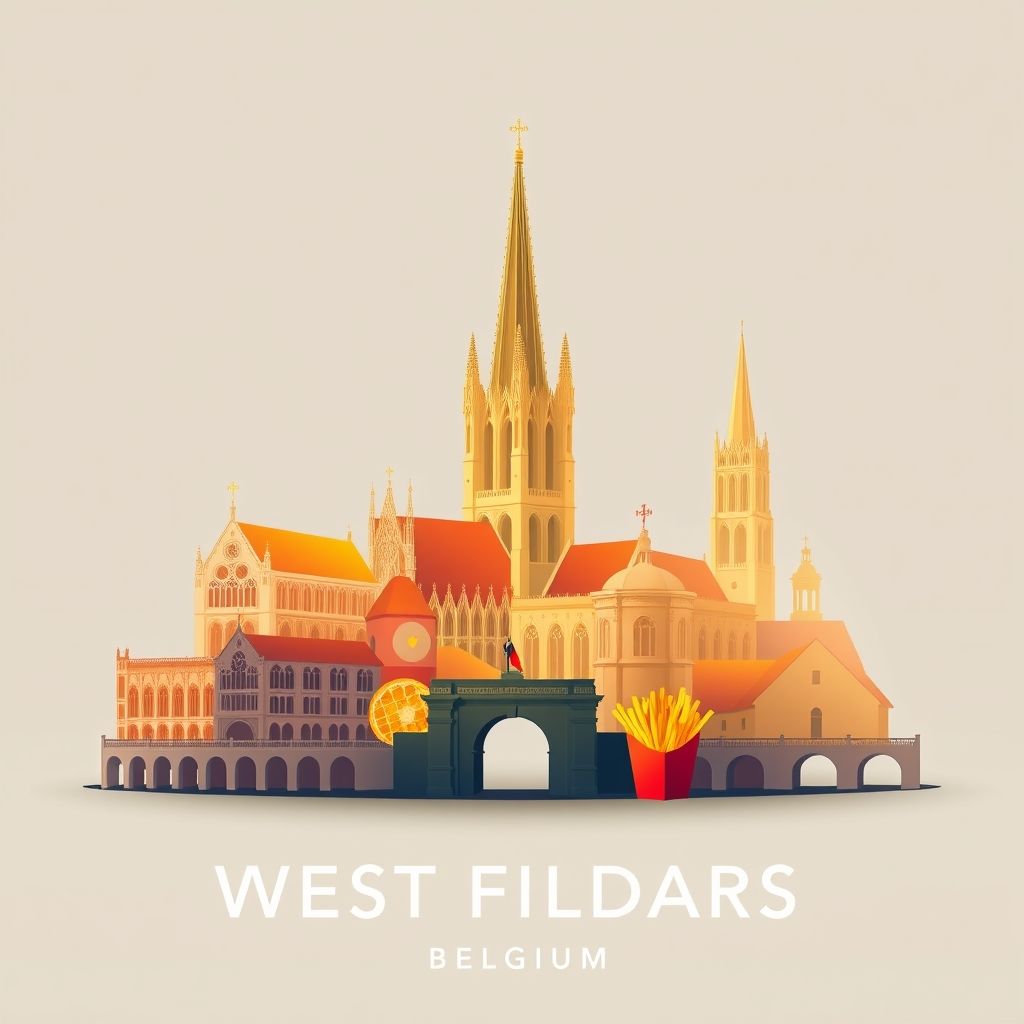 Ultra-high-definition gradient illustration of West Flanders, featuring the Belfry of Bruges, the Menin Gate, and local foods like Belgian waffles and fries.