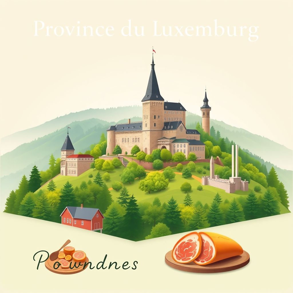 Ultra-high-definition gradient illustration of Province du Luxembourg, Wallonia, Belgium, featuring Bouillon Castle, Mardasson Memorial, Ardennes landscapes, and Ardennes ham.